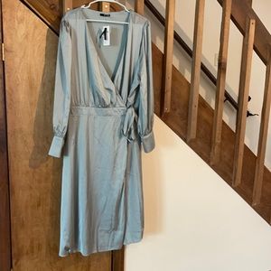 Sage satin midi wrap dress